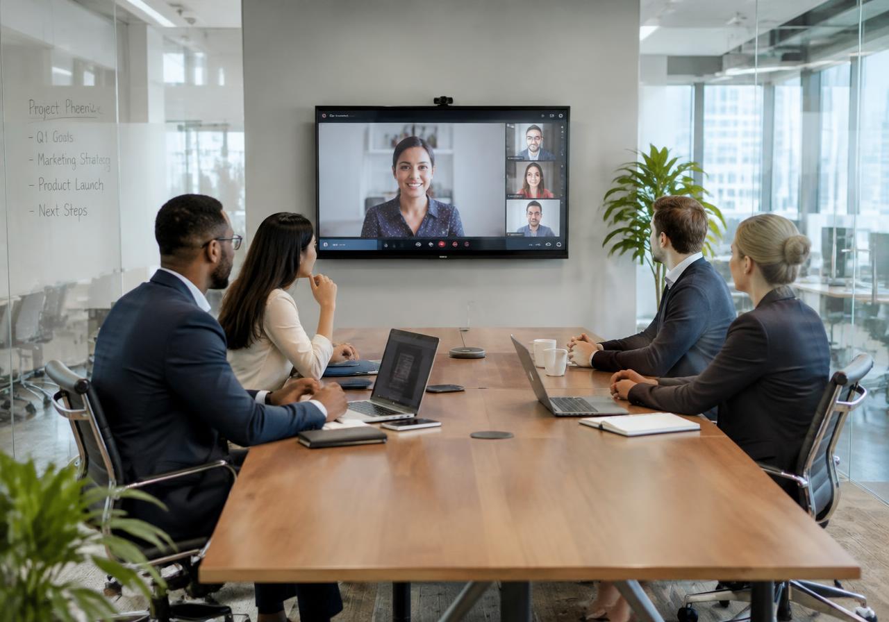 Team in a meeting room using a wall-mounted interactive display for a video call